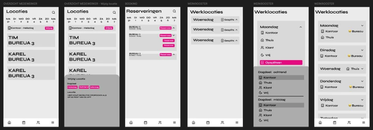 Iterated FlexFlow mobile designs in Figma with pink accents: editing a location, reserving desks, and a work schedule with split morning and afternoon locations